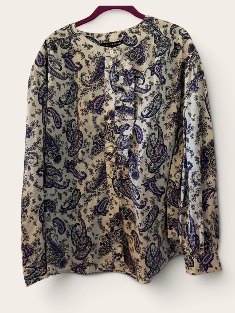 Lane Bryant Cream and Purple Paisley Button-Front Top
